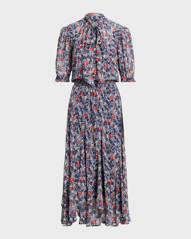 Floral Tie-Neck Georgette Midi Dress